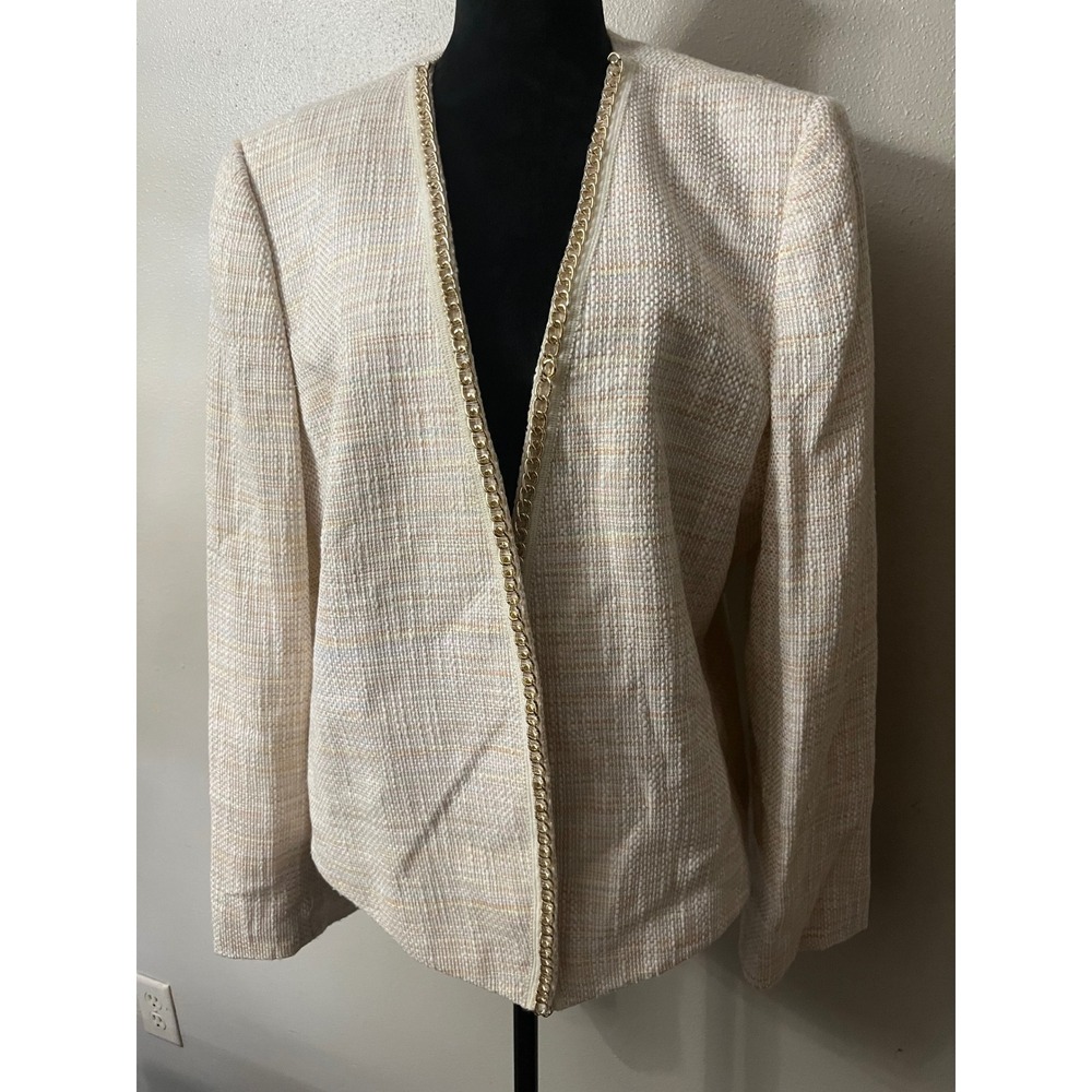 TAHARI Blazer Chain Trim Tweed Jacket Women 18 Cream Gold Professional Luxe